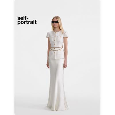 self-portrait 2025早秋新款象牙白塔夫绸小香风假两件礼服连衣裙